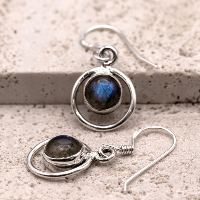Handmade 925 Sterling Silver Labradorite Gemstone Earrings Artisan Wire Wrapped