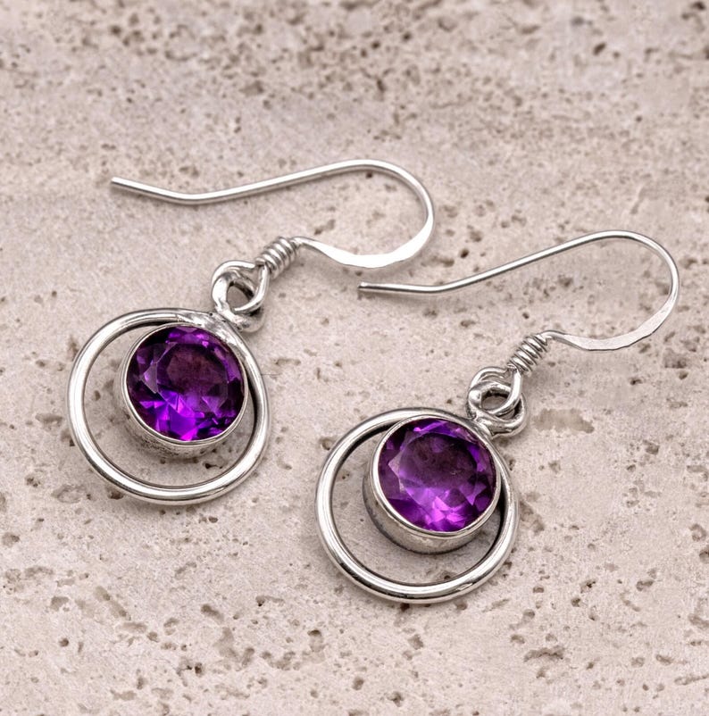 Handmade 925 Sterling Silver Amethyst Gemstone Earrings Artisan Wire Wrapped