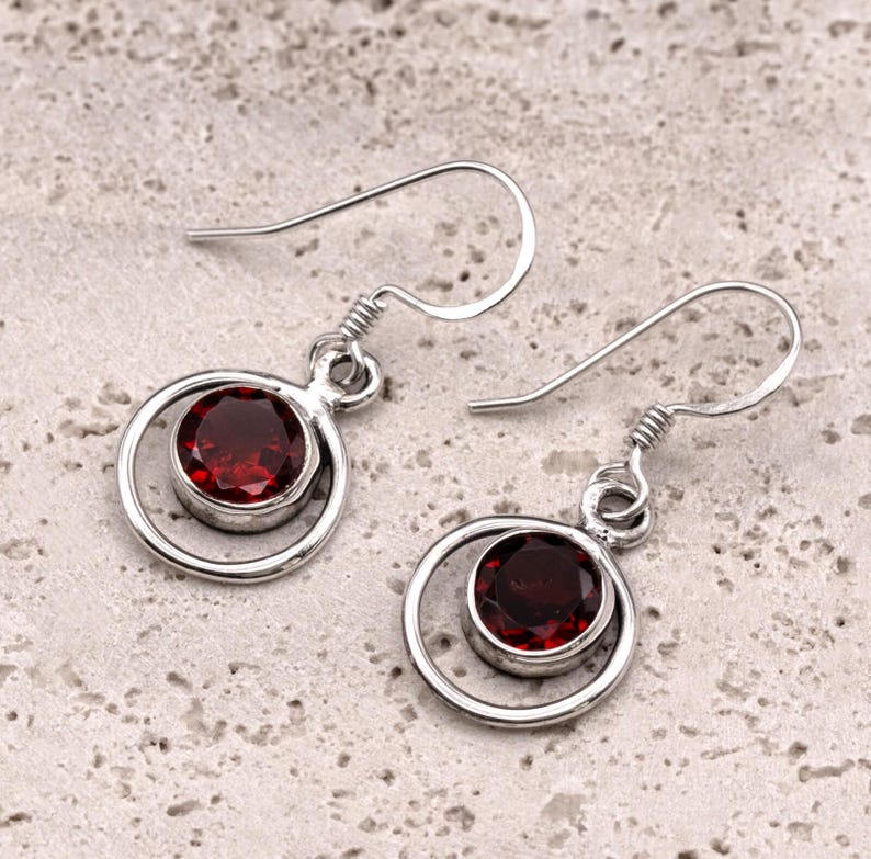 Handmade 925 Sterling Silver Red Garnet Gemstone Earrings Artisan Wire Wrapped