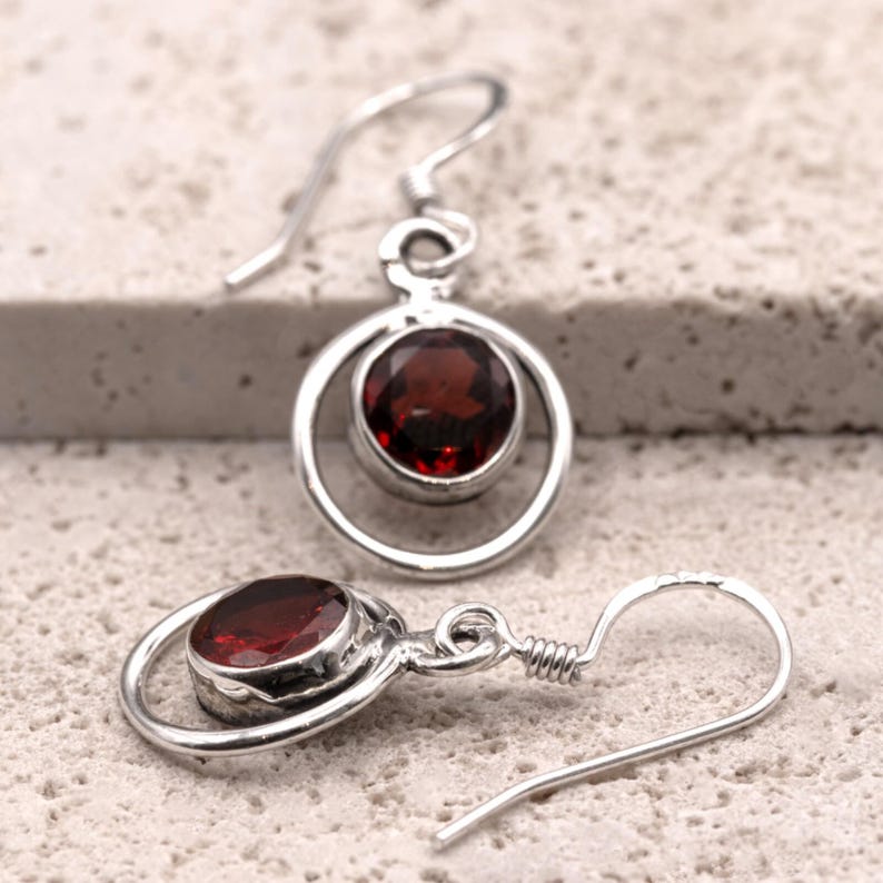 Handmade 925 Sterling Silver Red Garnet Gemstone Earrings Artisan Wire Wrapped