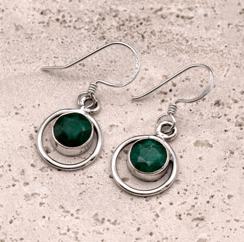 Handmade 925 Sterling Silver Emerald Gemstone Earrings Artisan Wire Wrapped