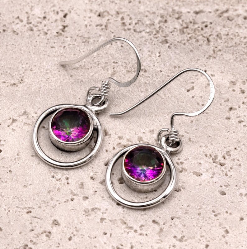 Handmade 925 Sterling Silver Mystic Topaz Gemstone Earrings Artisan Wire Wrapped