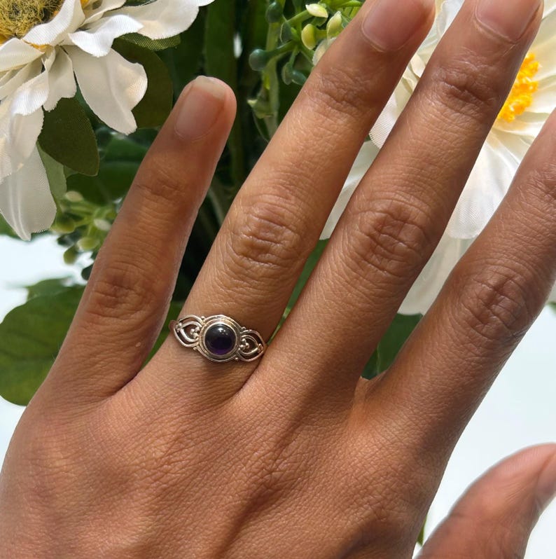 925 Sterling Silver Vintage Style Natural Amethyst Gemstone Ring Filigree