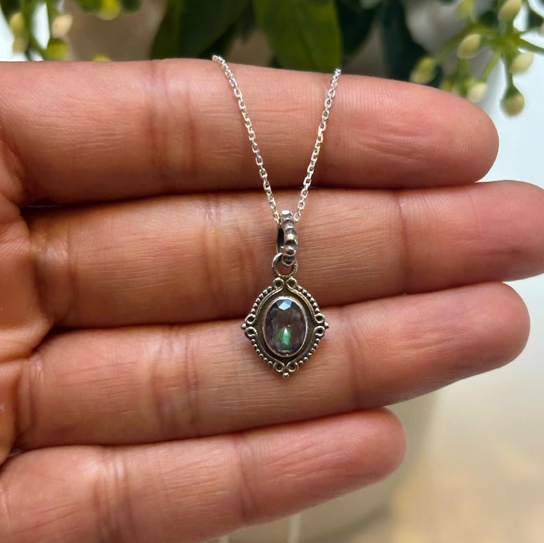 925 Sterling Silver Mystic Topaz Gemstone Ladies Vintage Design Pendant Necklace