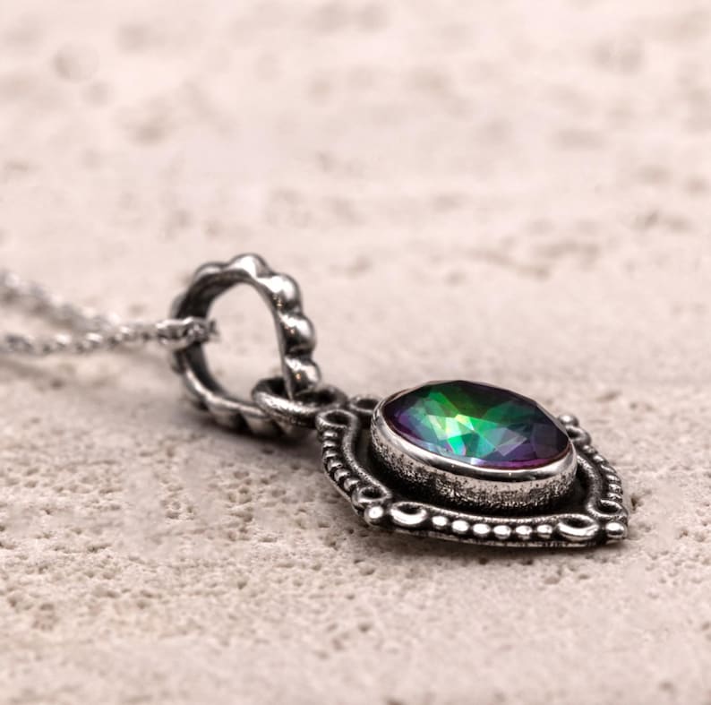 925 Sterling Silver Mystic Topaz Gemstone Ladies Vintage Design Pendant Necklace