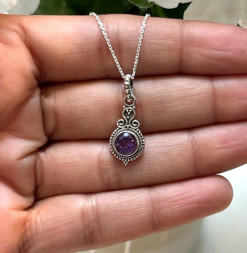 925 Sterling Silver Natural Faceted Amethyst Gemstone Ladies Pendant Necklace