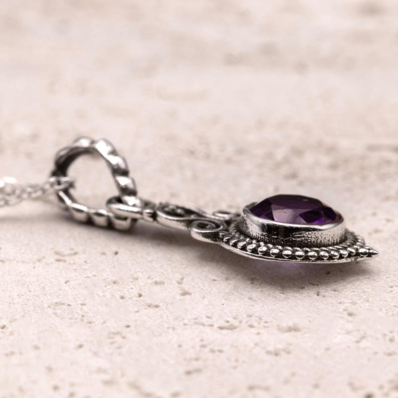 925 Sterling Silver Natural Faceted Amethyst Gemstone Ladies Pendant Necklace