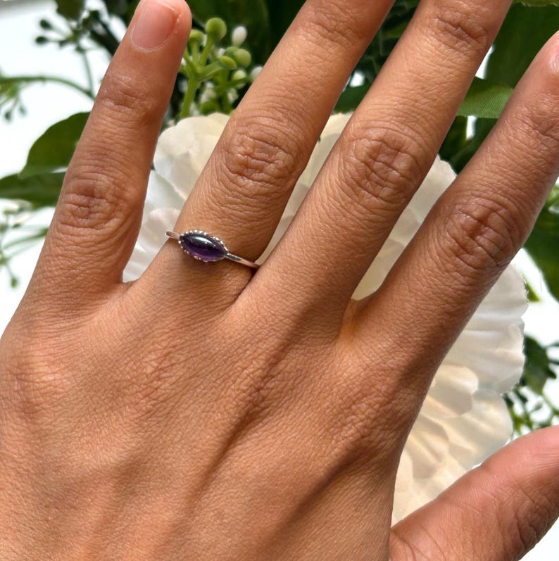 925 Sterling Silver Marquise Purple Amethyst Ring Ladies Southwest Boho Gift