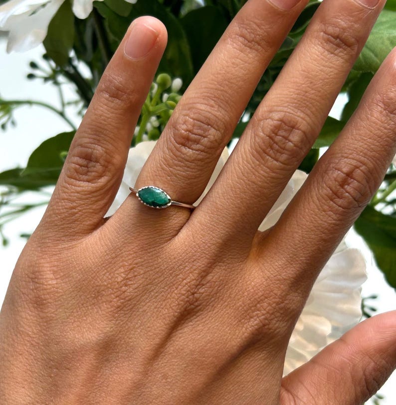925 Sterling Silver Marquise Emerald Ring Ladies Southwest Boho Gift