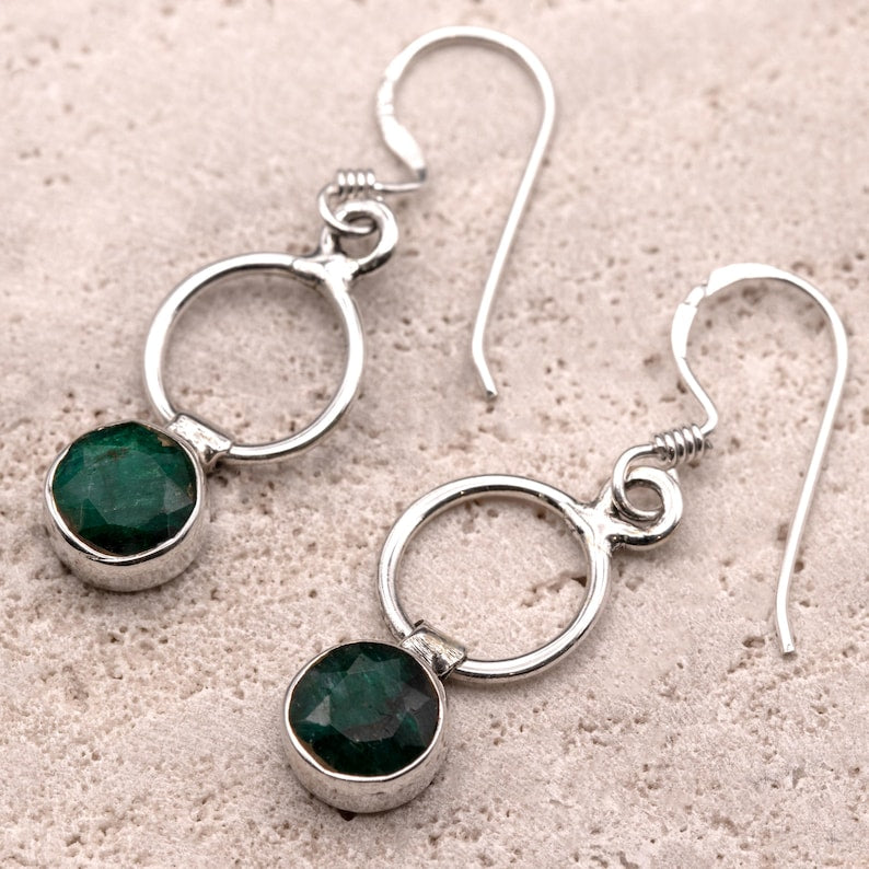 925 Sterling Silver Green Emerald Gemstone Round Drop Dangle Ladies Earrings Gift