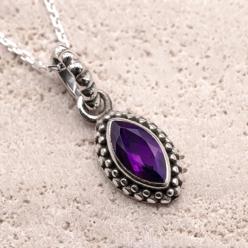 Sterling Silver 925 Natural Marquise Purple Amethyst Pendant Necklace Ladies Jewellery