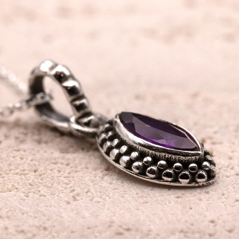 Sterling Silver 925 Natural Marquise Purple Amethyst Pendant Necklace Ladies Jewellery