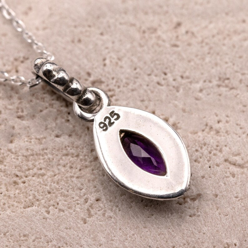 Sterling Silver 925 Natural Marquise Purple Amethyst Pendant Necklace Ladies Jewellery