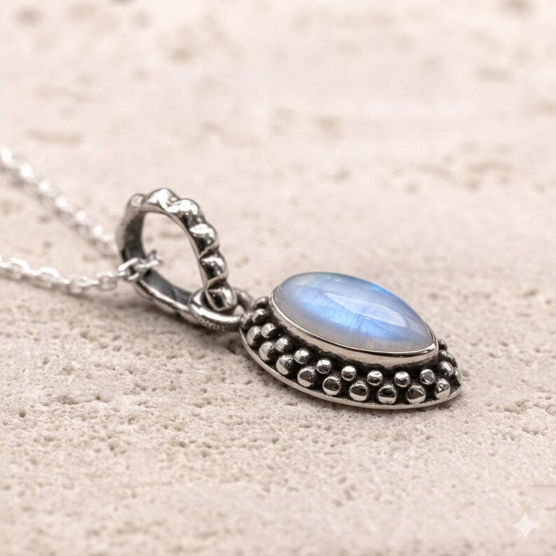 Sterling Silver 925 Marquise Natural Moonstone Pendant Necklace Ladies Jewellery