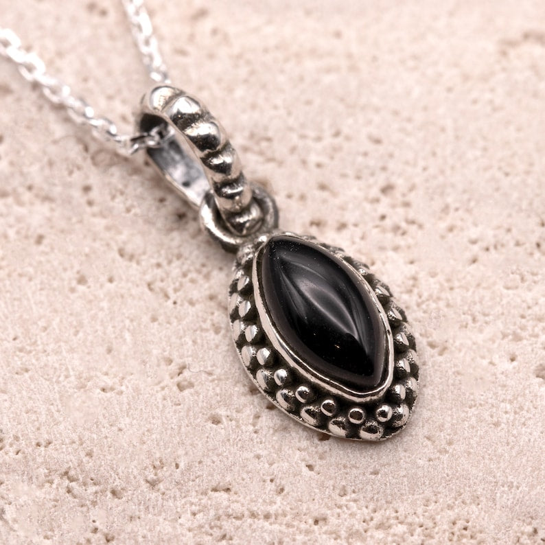 Sterling Silver 925 Marquise Black Onyx Pendant Necklace Ladies Jewellery