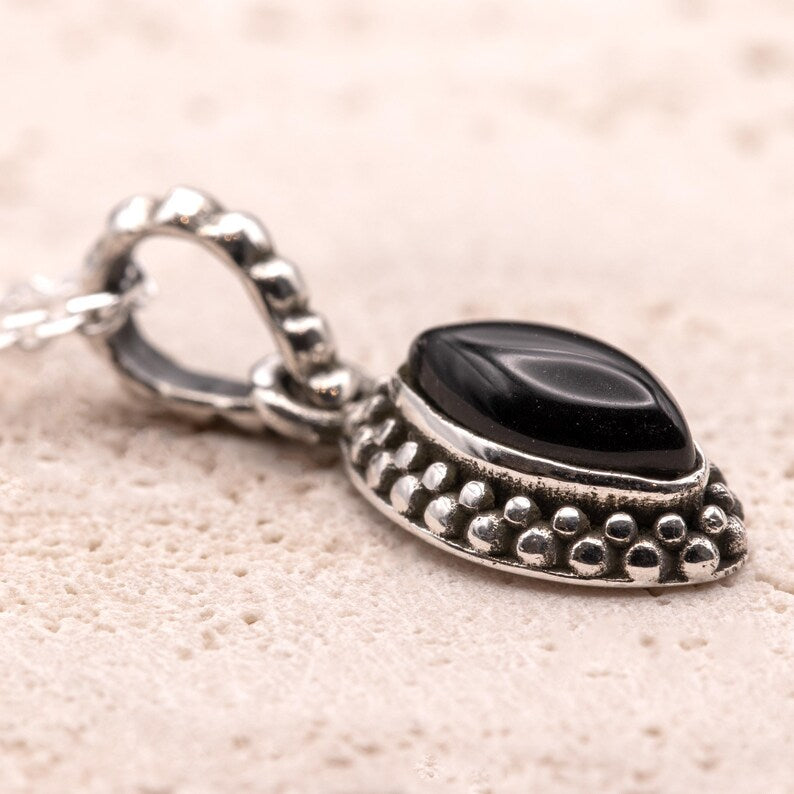 Sterling Silver 925 Marquise Black Onyx Pendant Necklace Ladies Jewellery