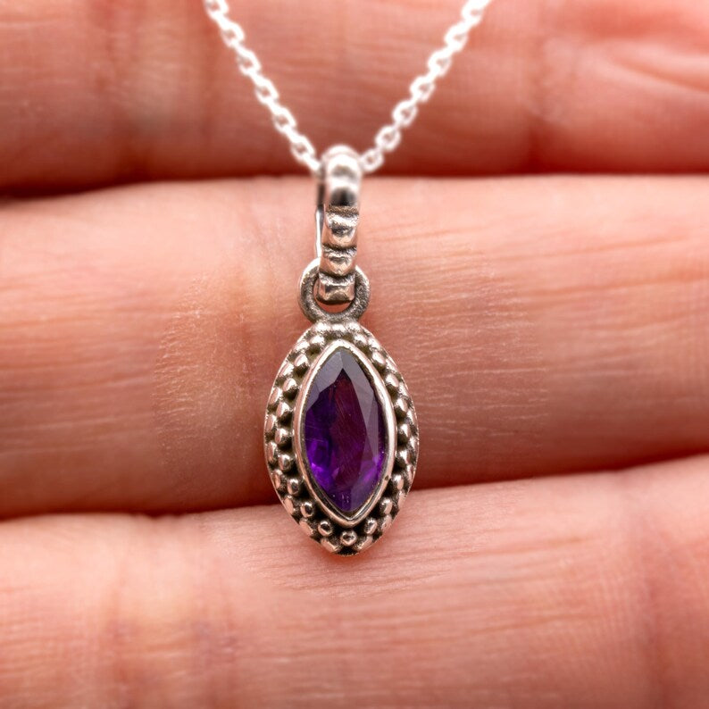 Sterling Silver 925 Natural Marquise Purple Amethyst Pendant Necklace Ladies Jewellery