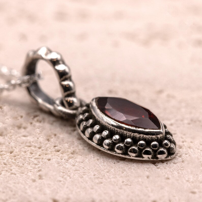 Sterling Silver 925 Marquise Red Garnet Pendant Necklace Ladies Jewellery