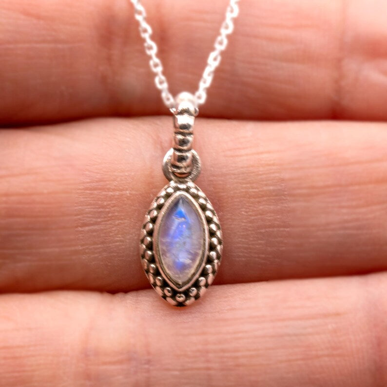Sterling Silver 925 Marquise Natural Moonstone Pendant Necklace Ladies Jewellery