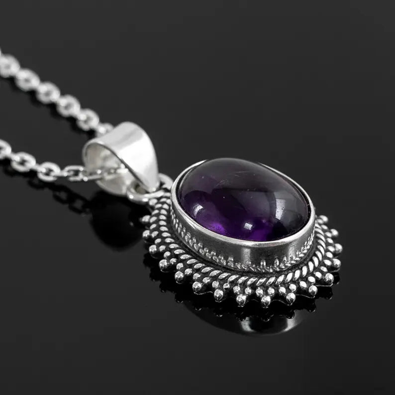 Sterling Silver 925 Oval Purple Amethyst Pendant Gemstone Necklace Gift