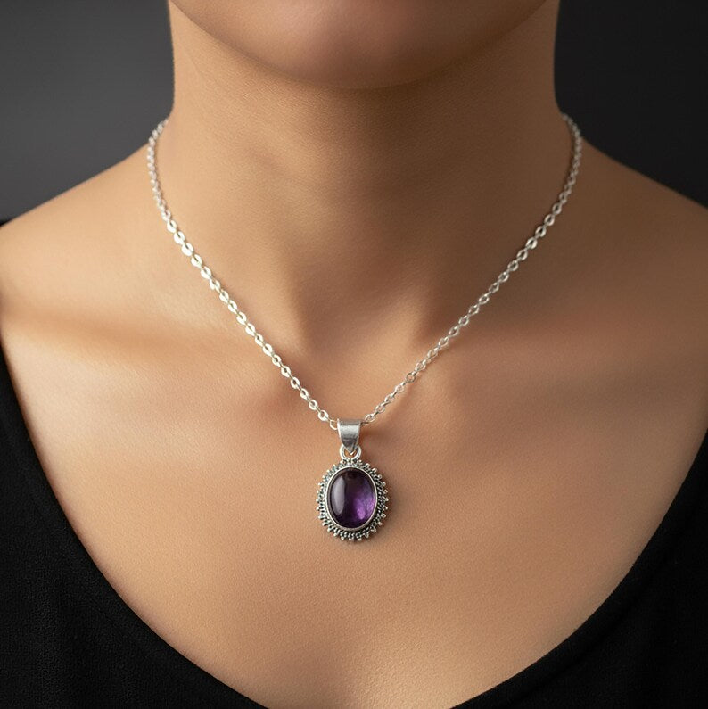 Sterling Silver 925 Oval Purple Amethyst Pendant Gemstone Necklace Gift