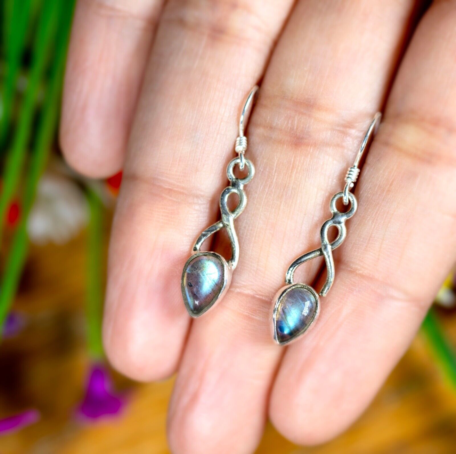 Labradorite Gemstone 925 Sterling Silver Infinity Drop Dangle Earrings Jewellery