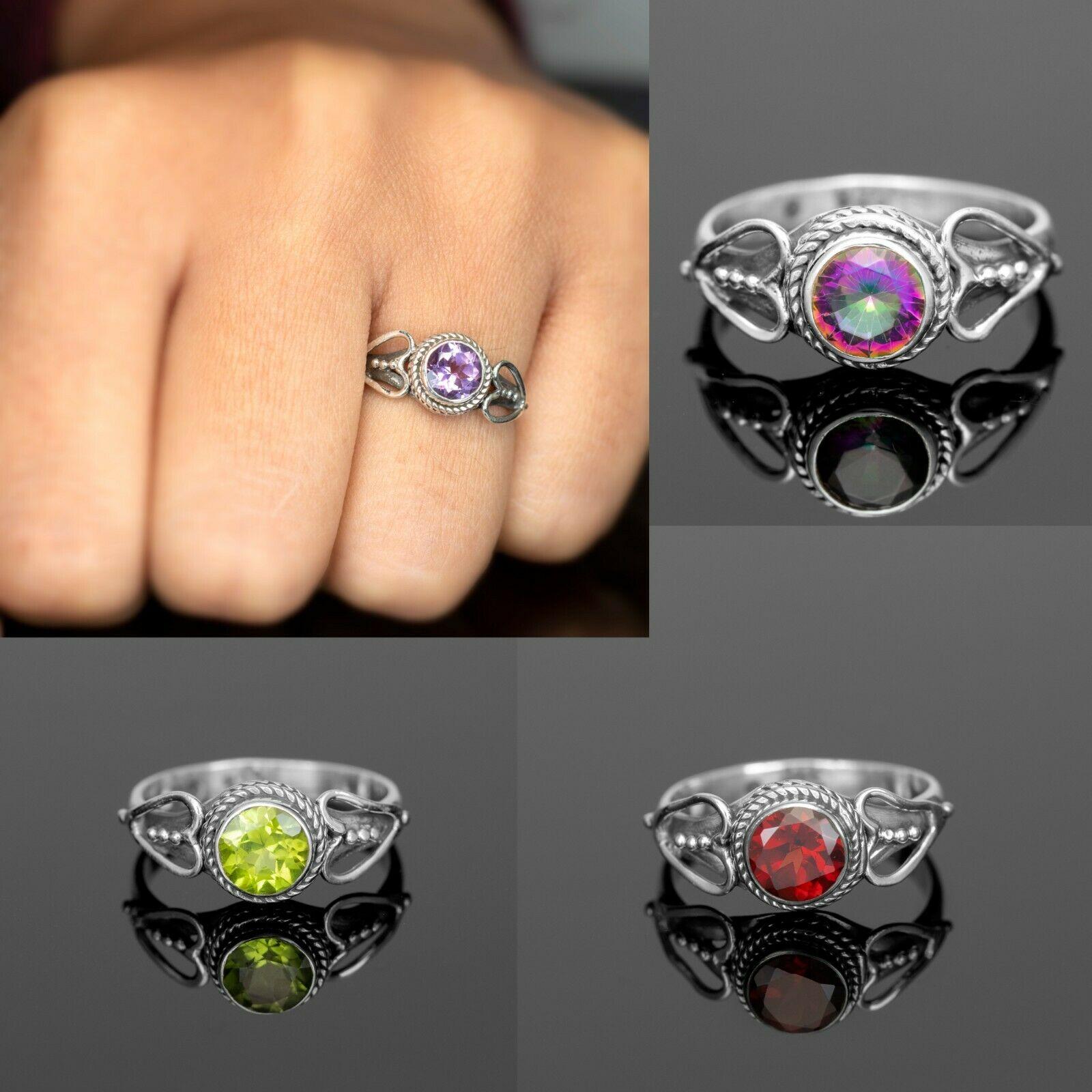 Ladies 925 Sterling Silver Garnet Topaz Amethyst Peridot Gemstone Heart Ring