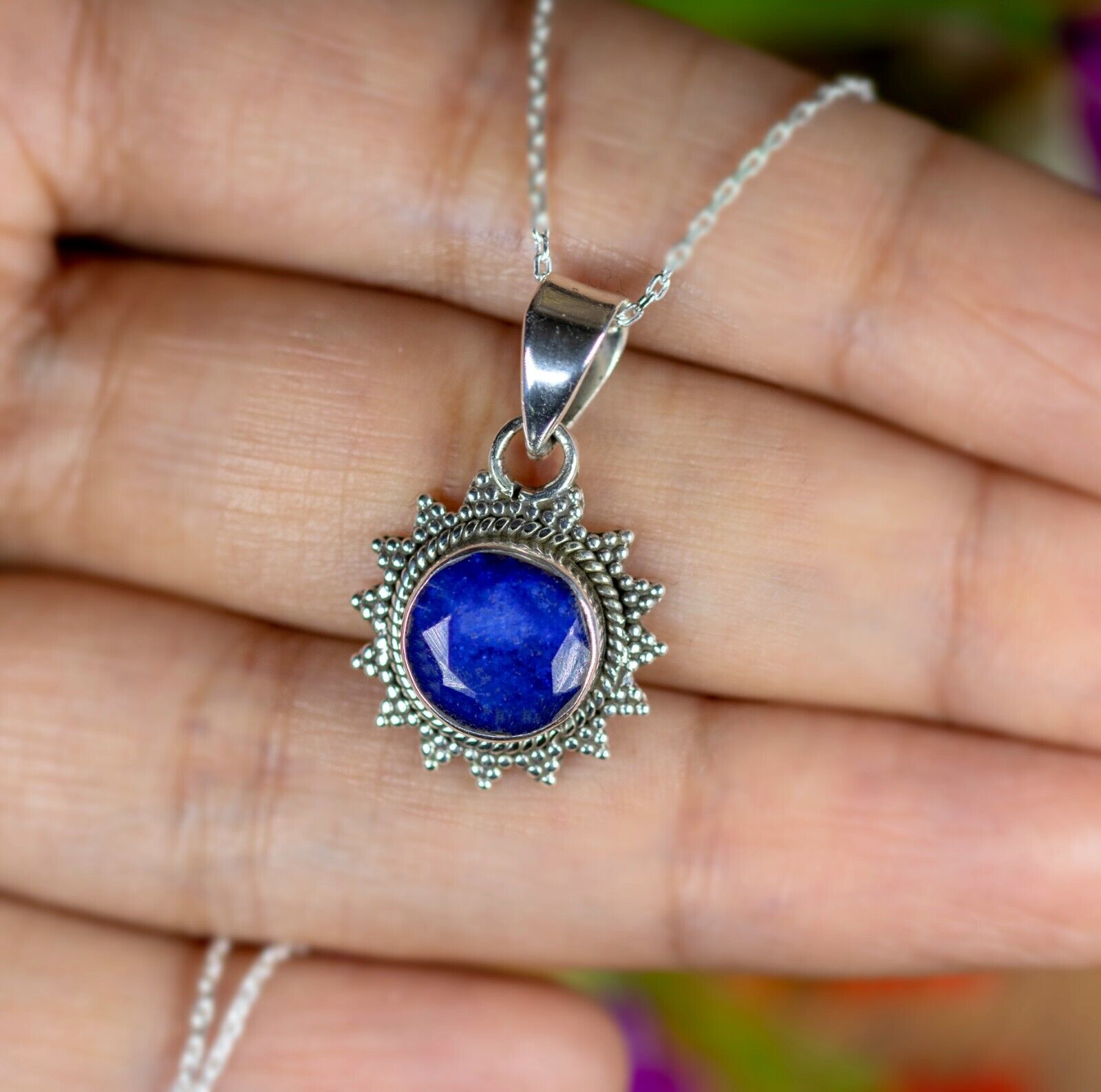 Lapis Lazuli 925 Sterling Silver Gemstone Sun Pendant Necklace Jewellery Gift
