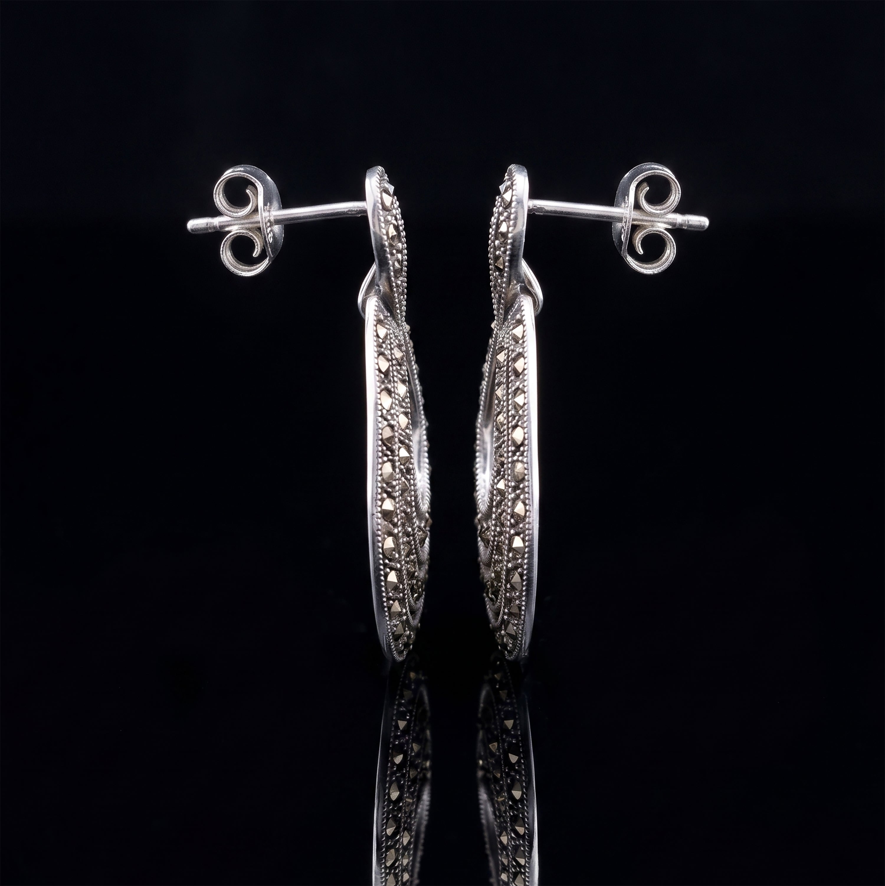 Vintage Sterling Silver Marcasite Teardrop Dangle Earrings