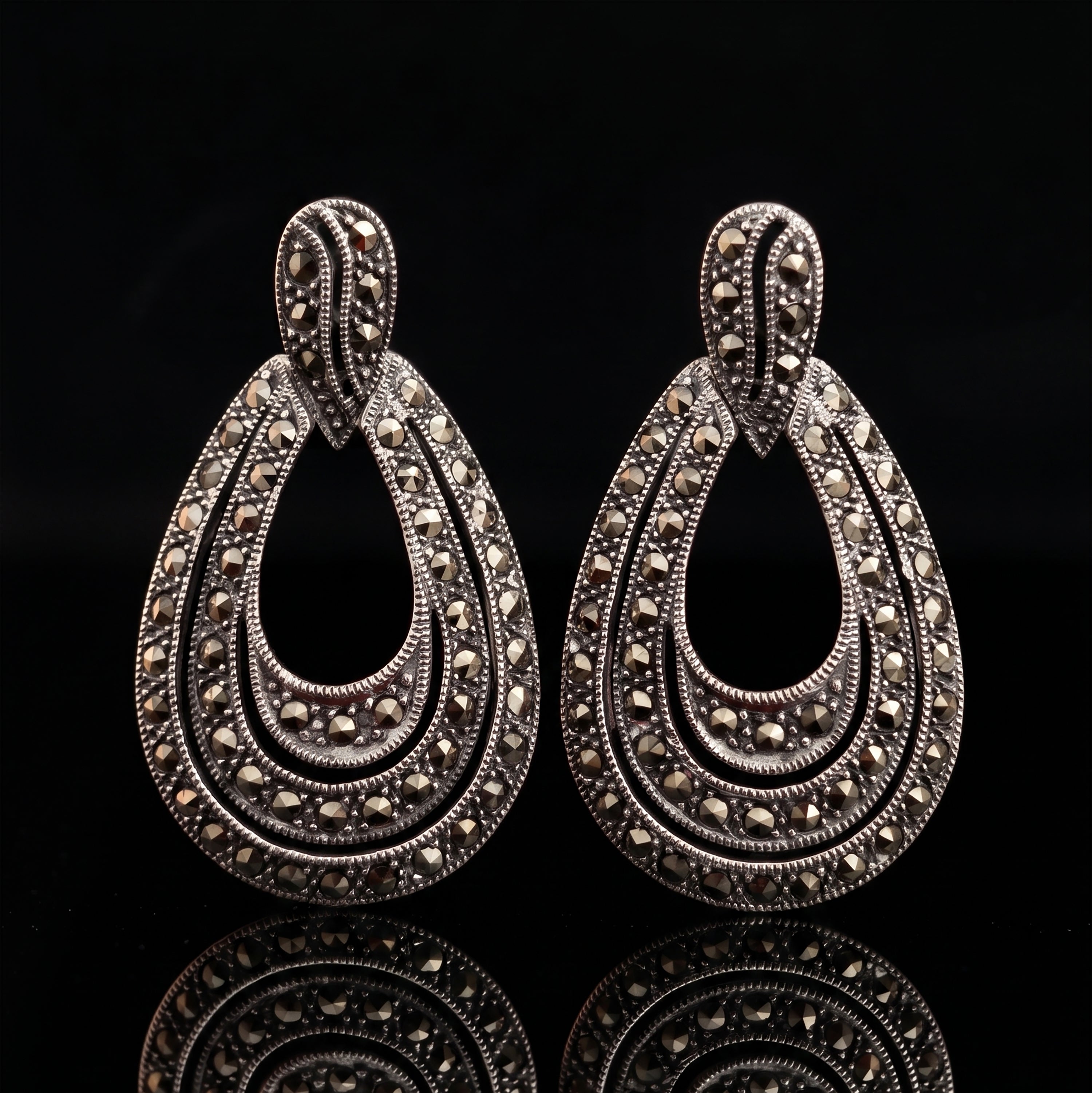 Vintage Sterling Silver Marcasite Teardrop Dangle Earrings