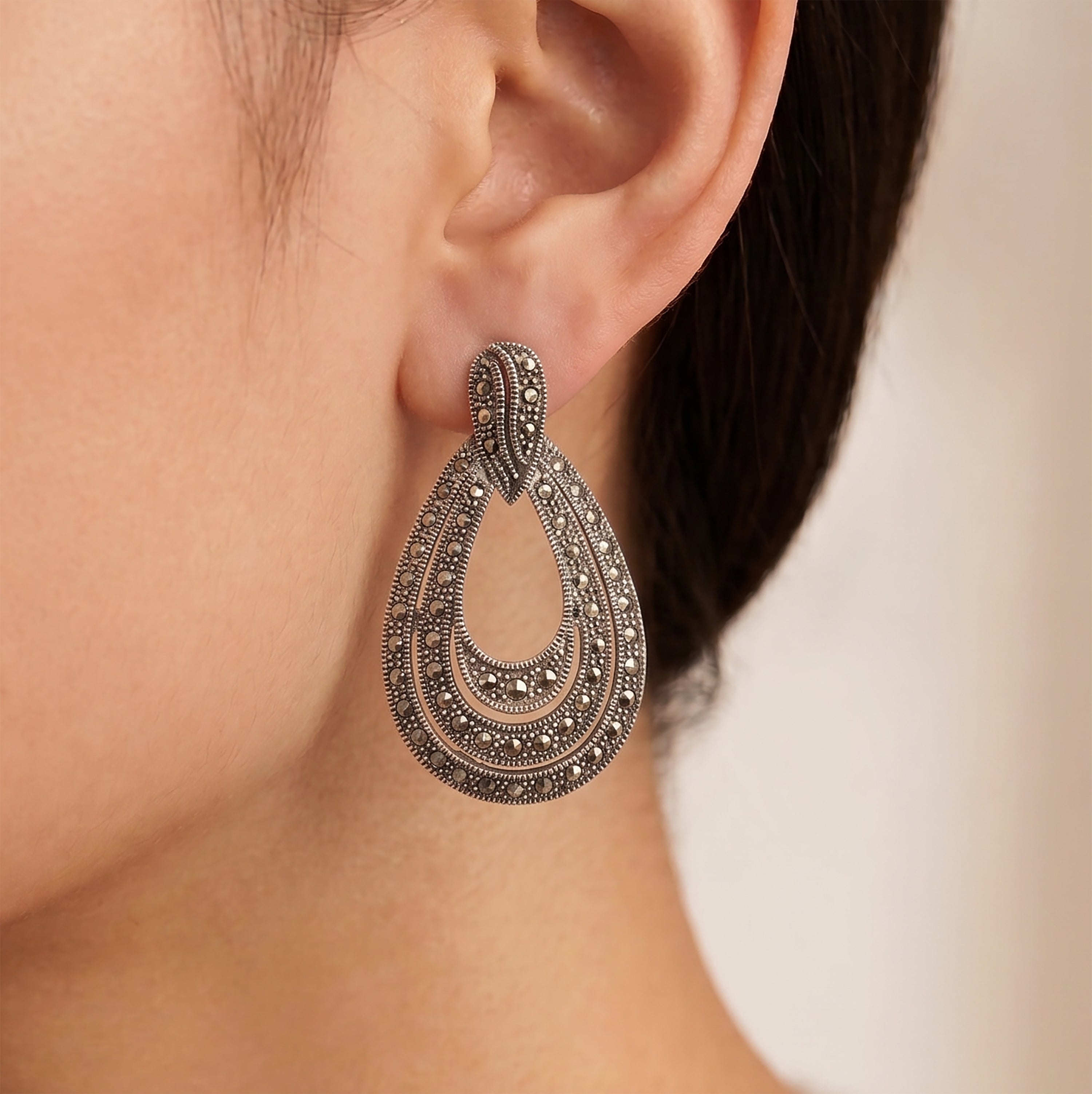 Vintage Sterling Silver Marcasite Teardrop Dangle Earrings
