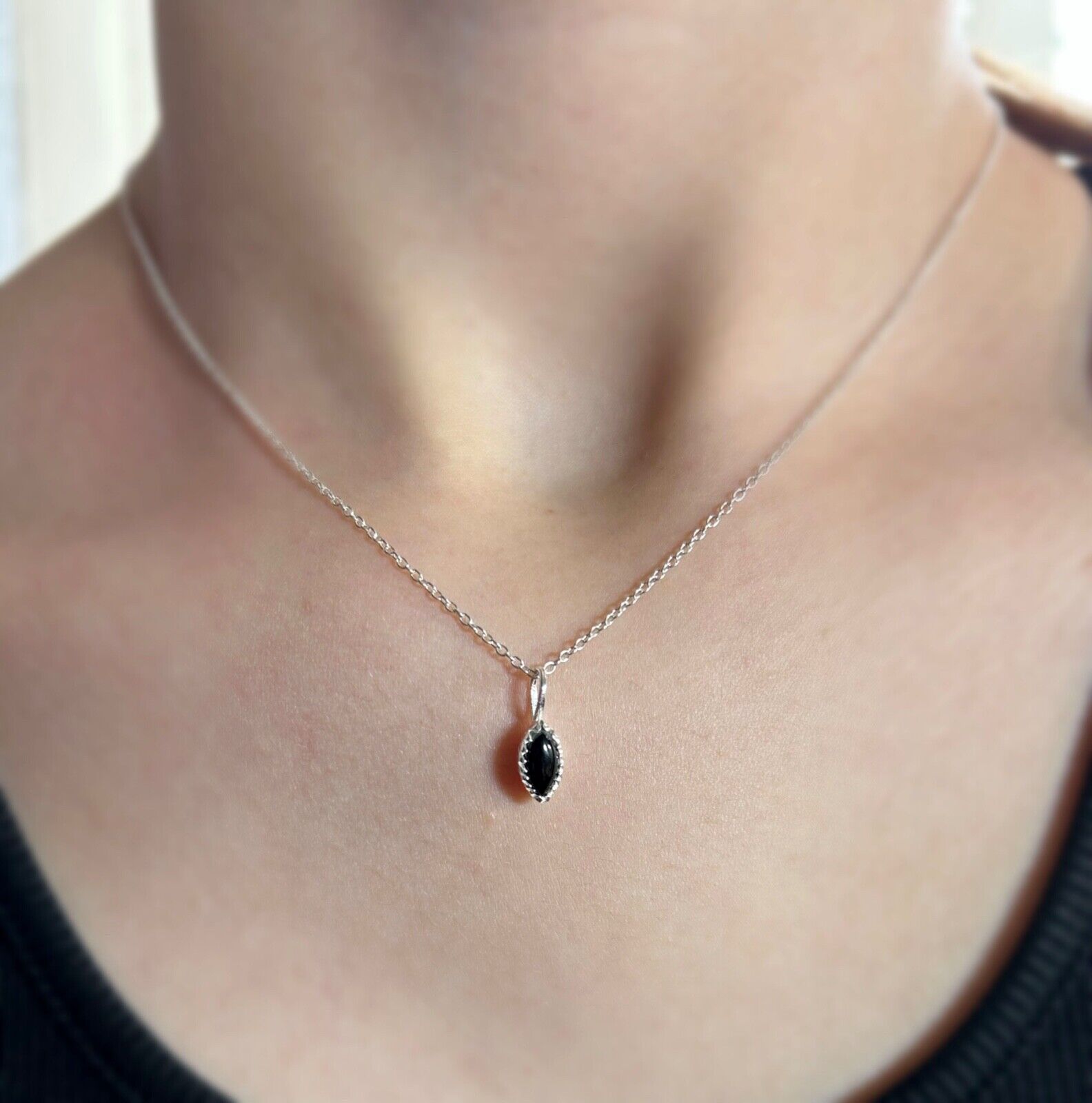 Marquise Black Onyx Sterling Silver 925 Pendant Necklace Ladies Jewellery Gift