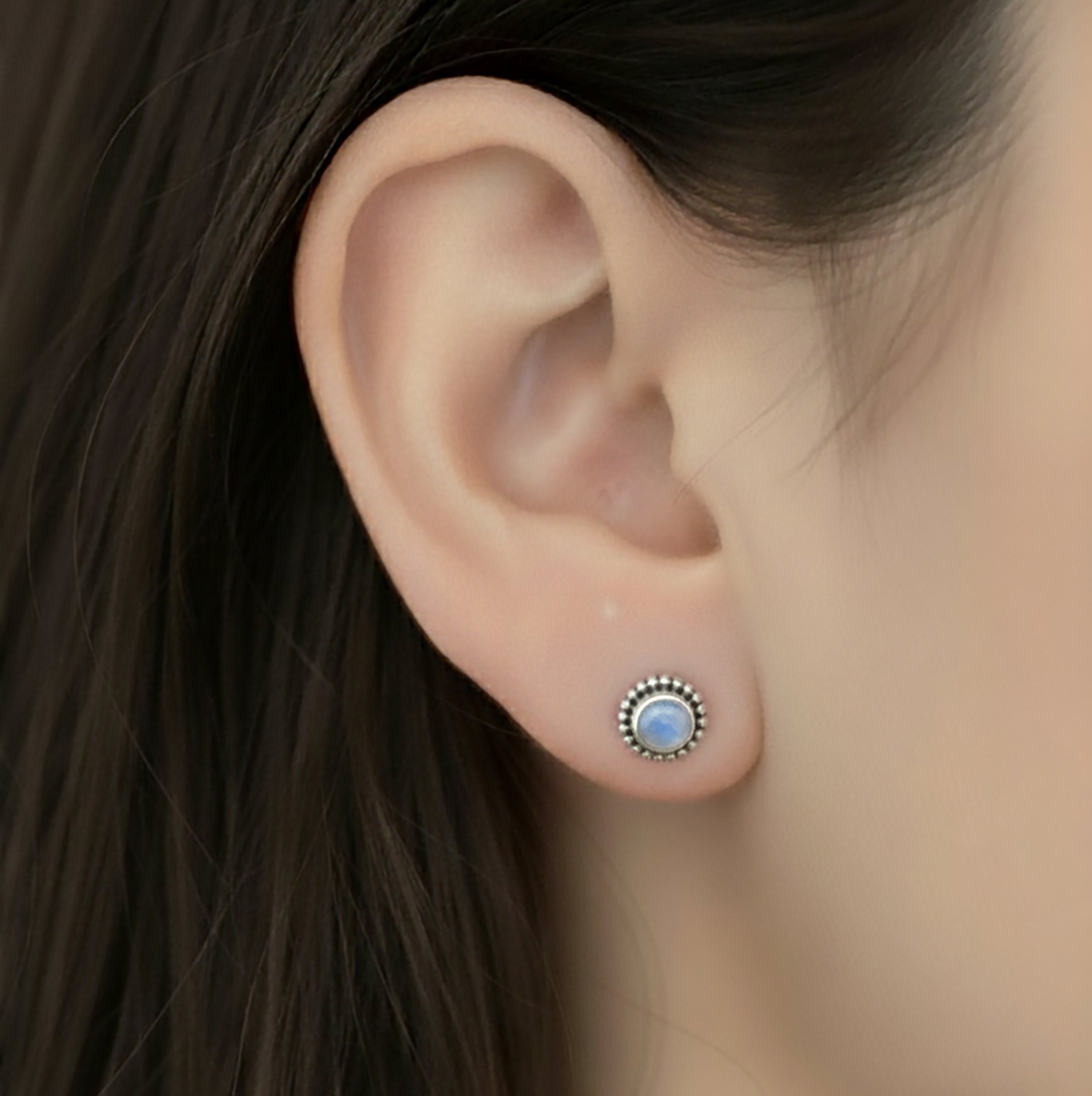 Dainty 925 Sterling Silver Beaded Edge Natural Moonstone Ladies Studs Jewellery Earrings