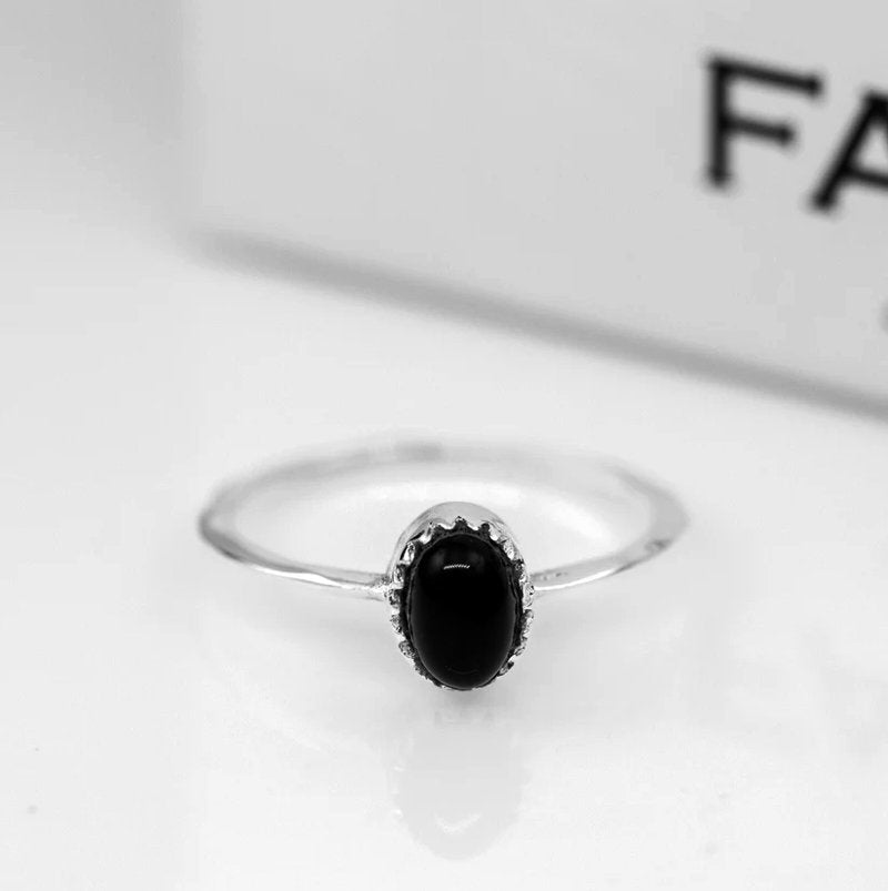 Oval Cut Black Onyx Crystal Sterling Silver Dainty Ring Ladies Jewellery Gift