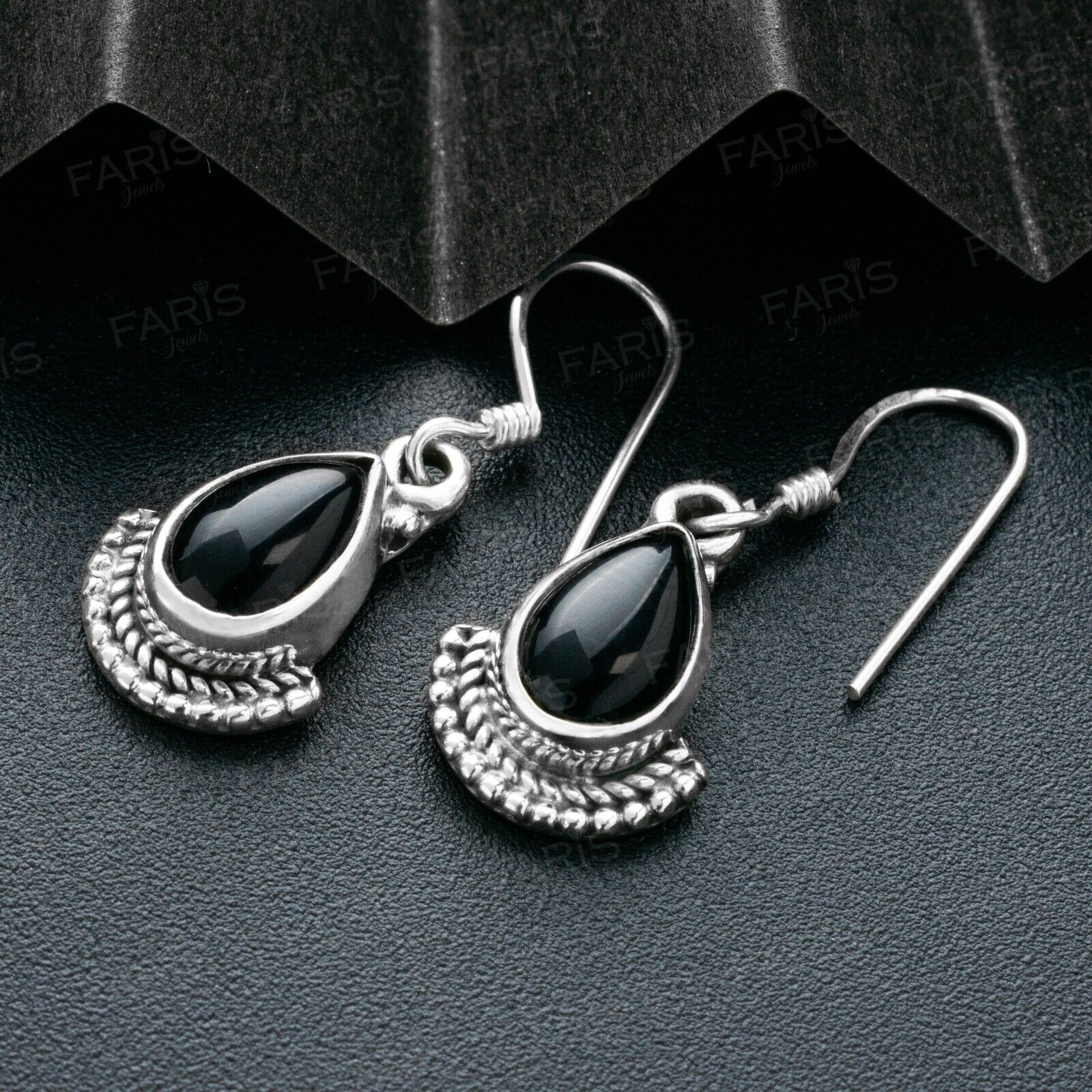 Pear Cut Black Onyx Gemstone Sterling Silver Drop Dangle Fan Earrings Boxed