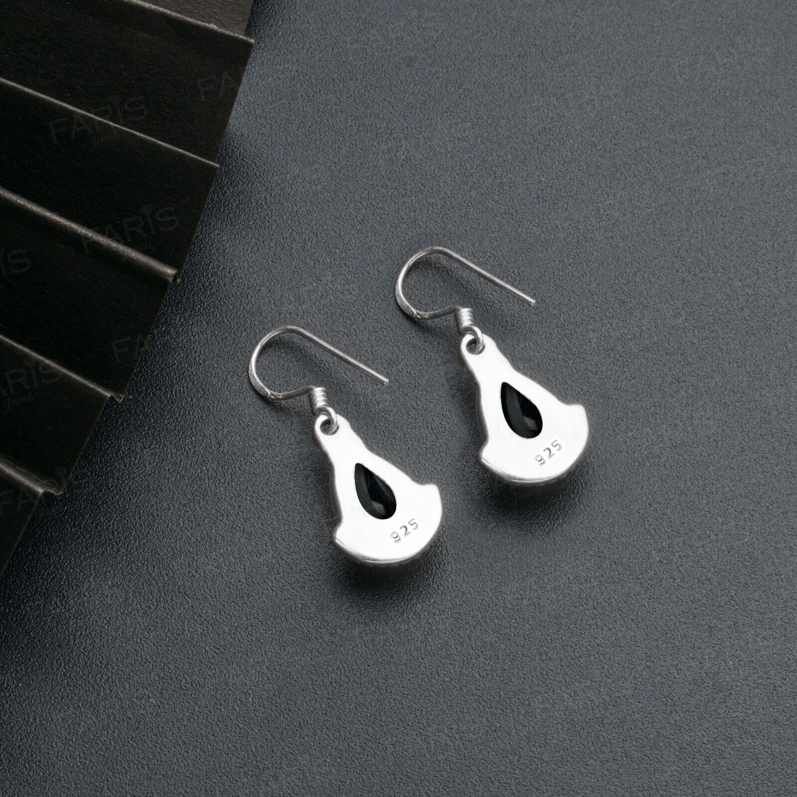 Pear Cut Black Onyx Gemstone Sterling Silver Drop Dangle Fan Earrings Boxed
