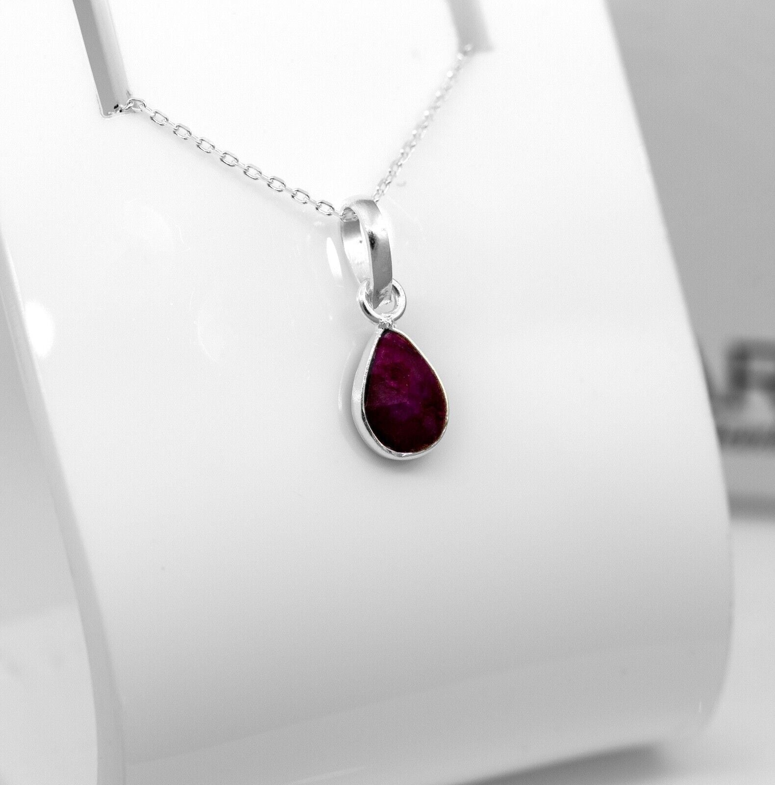 Pear Cut Lab Created Ruby Sterling Silver Pendant Necklace Jewellery Ladies