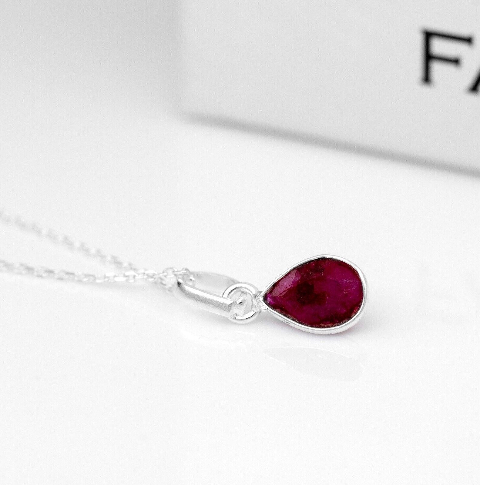 Pear Cut Lab Created Ruby Sterling Silver Pendant Necklace Jewellery Ladies
