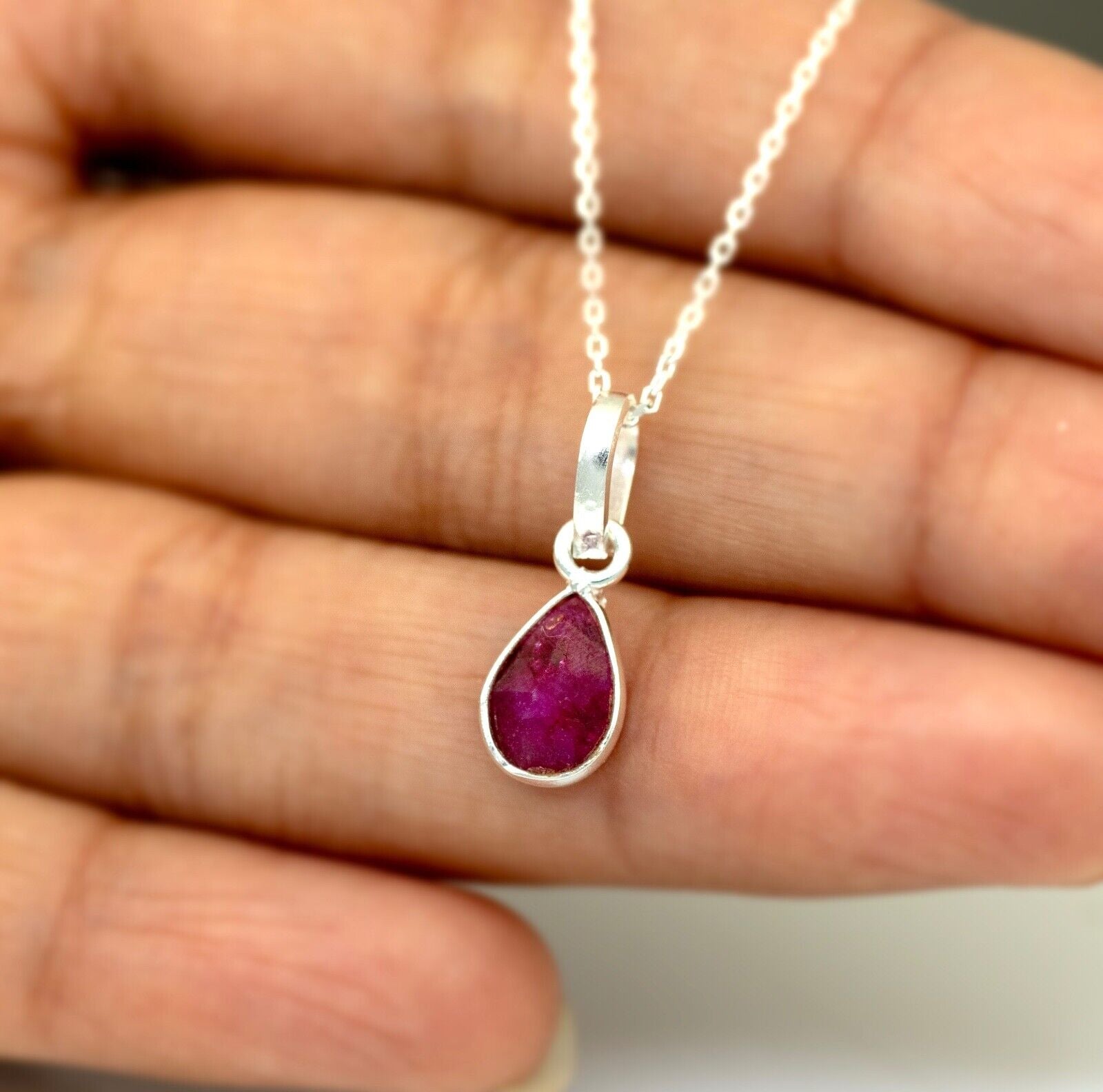 Pear Cut Lab Created Ruby Sterling Silver Pendant Necklace Jewellery Ladies