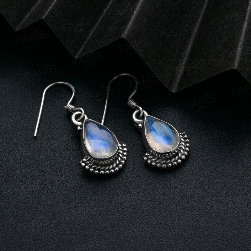 Pear Cut Moonstone Gemstone Sterling Silver Drop Dangle Fan Earrings Boxed