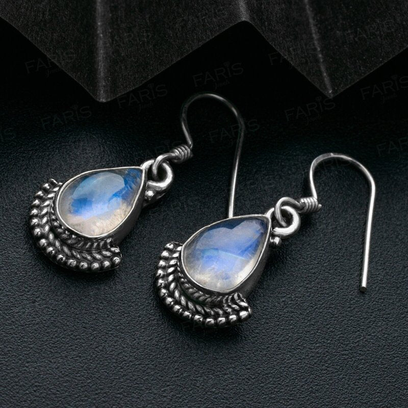 Pear Cut Moonstone Gemstone Sterling Silver Drop Dangle Fan Earrings Boxed
