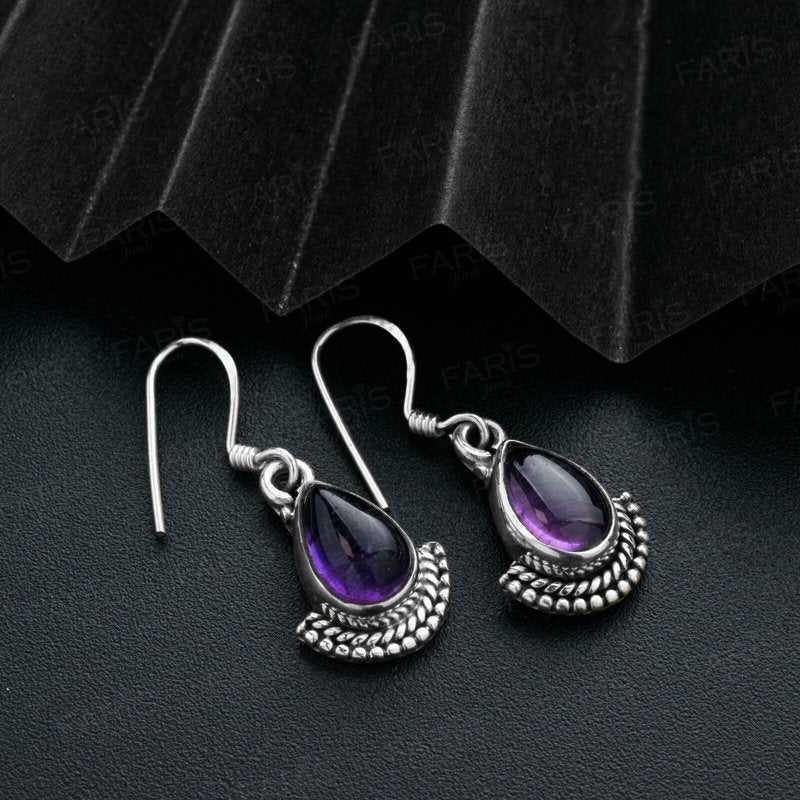 Pear Cut Purple Amethyst Gemstone Sterling Silver Drop Dangle Fan Earrings