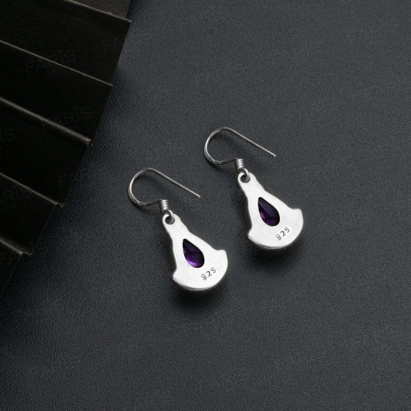 Pear Cut Purple Amethyst Gemstone Sterling Silver Drop Dangle Fan Earrings