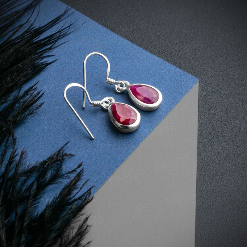 Pear Cut Ruby Sterling Silver Drop Dangle Earrings Ladies Gemstone Jewellery