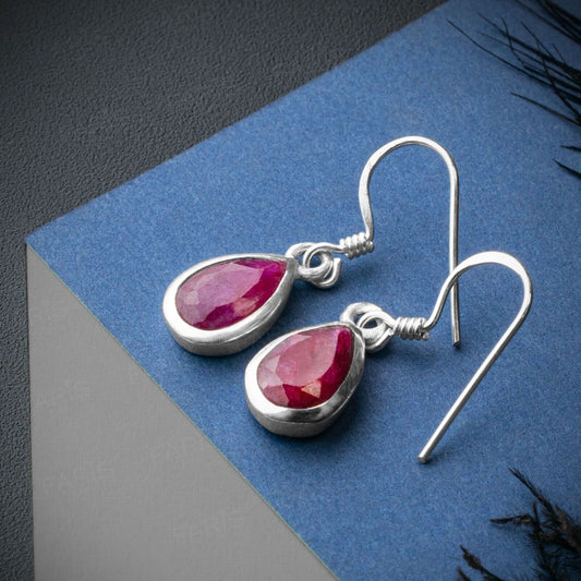 Pear Cut Ruby Sterling Silver Drop Dangle Earrings Ladies Gemstone Jewellery - Faris Jewels