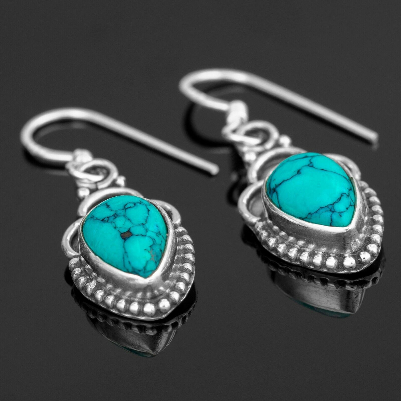 Pear Turquoise 925 Sterling Silver Gemstone Drop Dangle Earrings Jewellery