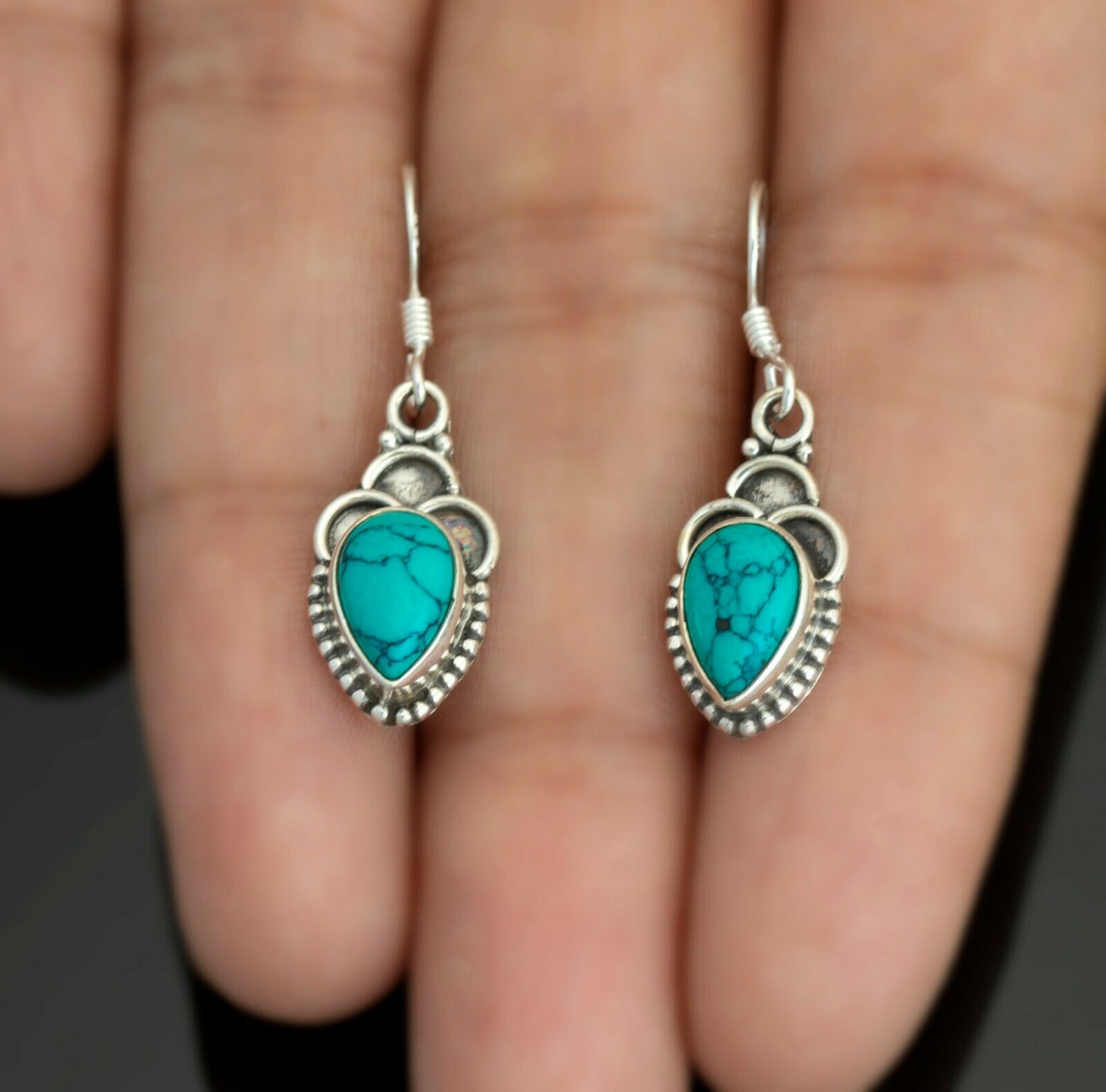 Pear Turquoise 925 Sterling Silver Gemstone Drop Dangle Earrings Jewellery