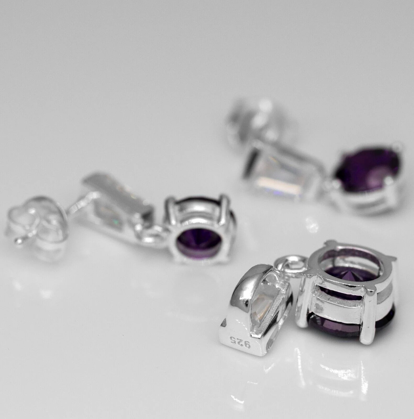 Purple Amethyst And Diamond Sterling Silver Ladies Pendant Necklace Earrings Set