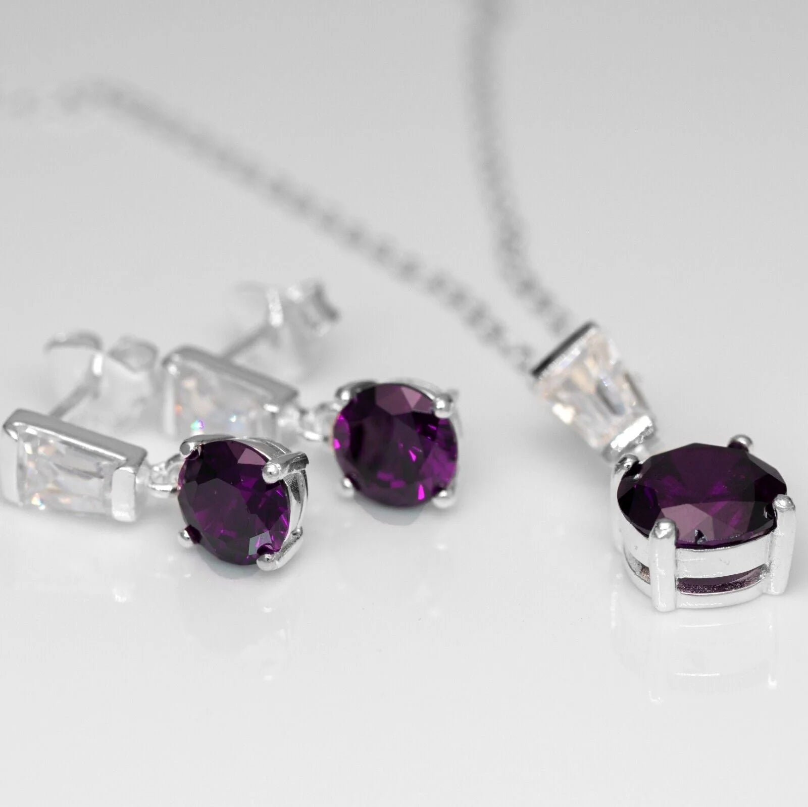 Purple Amethyst And Diamond Sterling Silver Ladies Pendant Necklace Earrings Set