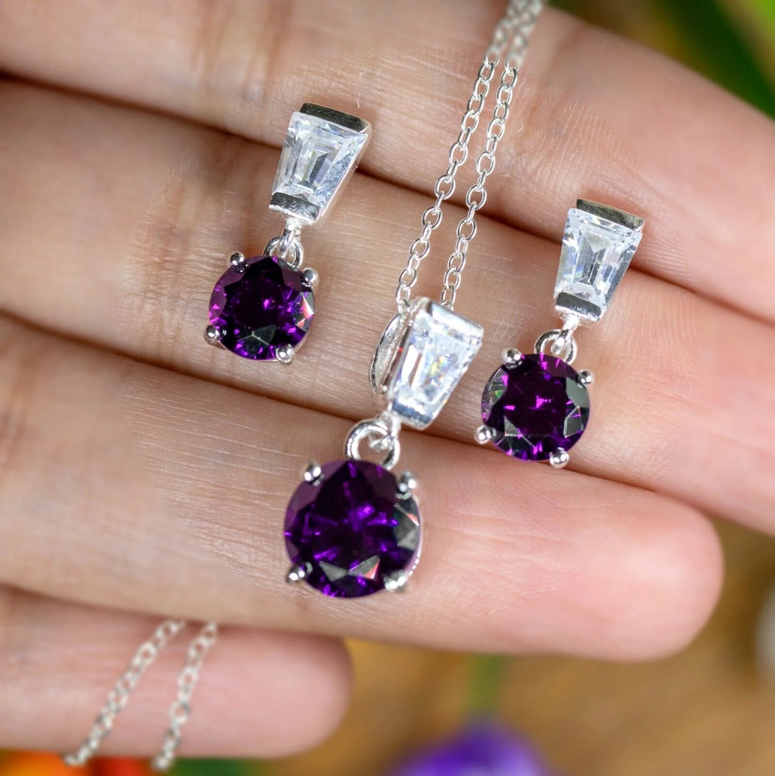 Purple Amethyst And Diamond Sterling Silver Ladies Pendant Necklace Earrings Set